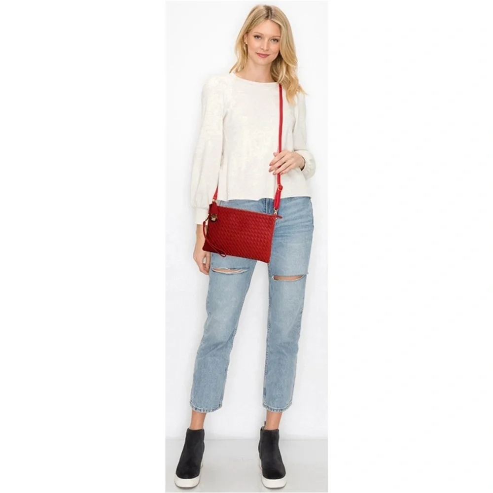 🔥Red Vegan Leather Weaved Clutch/ Crossbody Bag Purse with Gold Hardware🔥